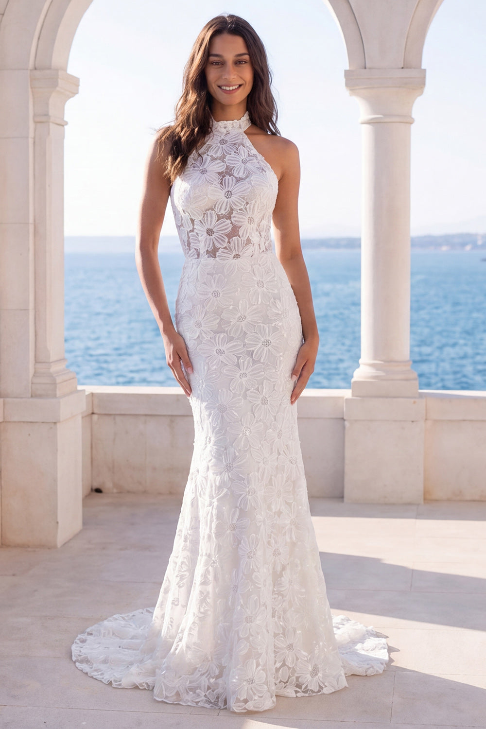 Zapaka Women Halter Wedding Dress Ivory Mermaid Floral Sweep Train Bridal Dress, Ivory / US14 Zapaka Women Halter Wedding Dress Ivory Mermaid Floral Sweep Train Bridal Dress, Ivory / US14