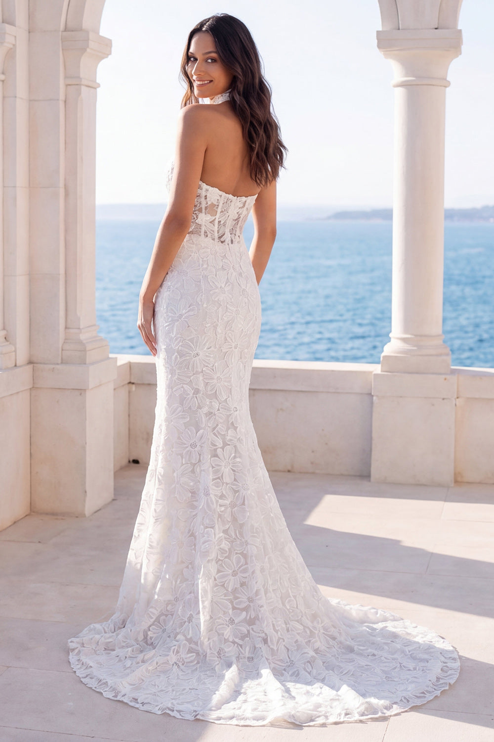 Zapaka Women Halter Wedding Dress Ivory Mermaid Floral Sweep Train Bridal Dress, Ivory / US14 Zapaka Women Halter Wedding Dress Ivory Mermaid Floral Sweep Train Bridal Dress, Ivory / US14