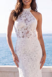 Halter Ivory Mermaid Floral Sweep Train Wedding Dress