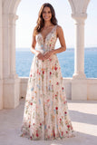 Ivory Floral A Line V Neck Wedding Dress
