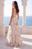 Ivory Floral A Line V Neck Wedding Dress
