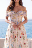 Off the Shoulder Ivory Floral Corset A Line Wedding Dress