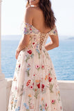 Off the Shoulder Ivory Floral Corset A Line Wedding Dress