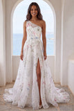 One Shoulder Ivory Printed Floral Mermaid Wedding Dress with Slit