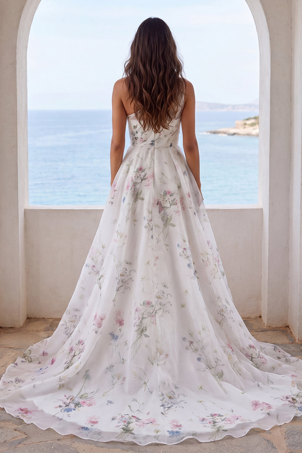 One Shoulder Ivory Printed Floral Mermaid Wedding Dress with Slit