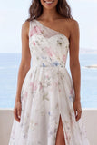 Off the Shoulder Ivory Floral A Line Ruffled Wedding Dress