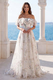 Off the Shoulder Ivory Floral A Line Ruffled Wedding Dress