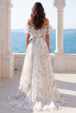 Off the Shoulder Ivory Floral A Line Ruffled Wedding Dress