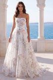 Strapless A Line Ivory Printed Floral Wedding Dress with Chapel Train