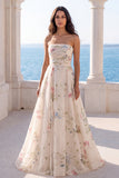 Strapless A Line Ivory Printed Floral Wedding Dress with Chapel Train