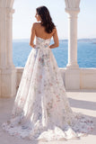 Strapless A Line Ivory Printed Floral Wedding Dress with Chapel Train
