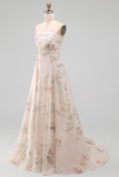 Strapless A Line Ivory Printed Floral Wedding Dress with Chapel Train