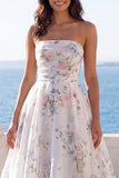 Strapless A Line Ivory Printed Floral Wedding Dress with Chapel Train