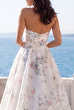 Strapless A Line Ivory Printed Floral Wedding Dress with Chapel Train