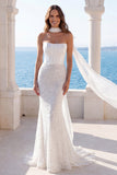 Ivory Strapless Sequin Mermaid Corset Wedding Dress with Scarf