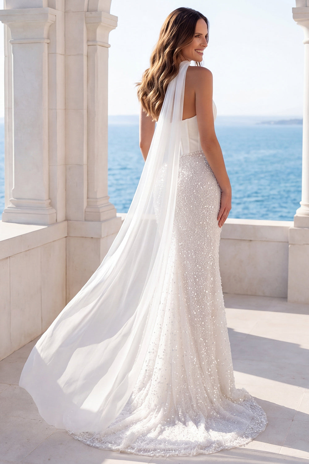 Zapaka Women Ivory Strapless Sequin Wedding Dress Mermaid Pearls Corset Bridal Dress with Scarf, Ivory / US14