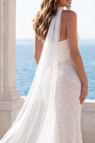 Ivory Strapless Sequin Mermaid Corset Wedding Dress with Scarf