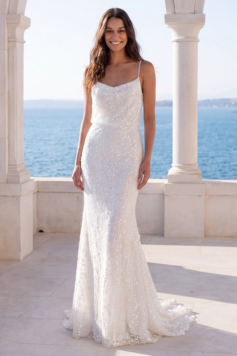 Zapaka Women Ivory Sequin Wedding Dress Pearls Mermaid Long Bridal Dress, Ivory / US8 Zapaka Women Ivory Sequin Wedding Dress Pearls Mermaid Long Bridal Dress, Ivory / US8