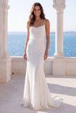 Ivory Sequin Pearls Mermaid Spaghetti Straps Wedding Dress