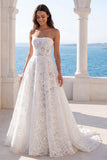 Strapless Floral Lace A Line Wedding Dress