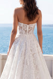 Strapless Floral Lace A Line Wedding Dress