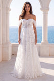 Off the Shoulder Ivory Embroidered FLoral Corset A Line Wedding Dress