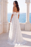 Off the Shoulder Ivory Embroidered FLoral Corset A Line Wedding Dress