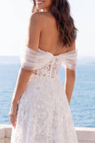 Off the Shoulder Ivory Embroidered FLoral Corset A Line Wedding Dress