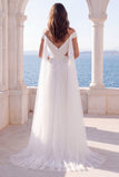 Off the Shoulder Ivory Ruched Long Wedding Dress with Sash