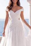 Off the Shoulder Ivory Ruched Long Wedding Dress with Sash