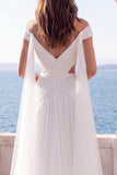 Off the Shoulder Ivory Ruched Long Wedding Dress with Sash