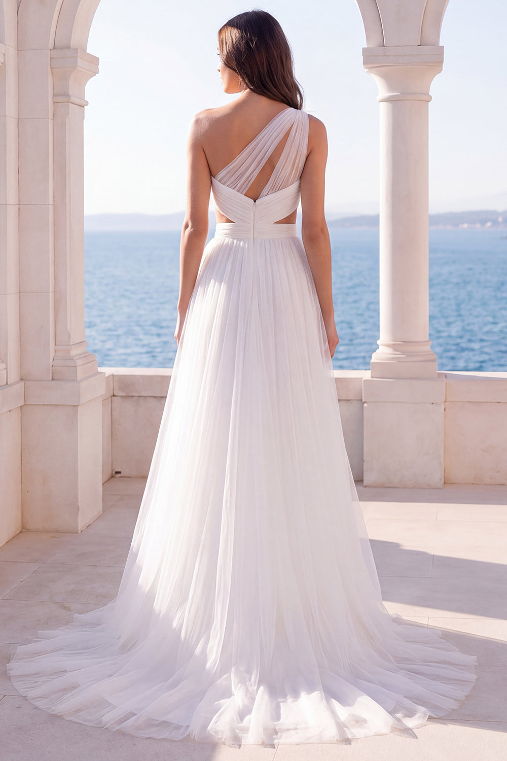 Zapaka Women One Shoulder Ivory Wedding Dress A Line Cut Out Bridal Dress with Slit, Ivory / US14