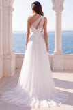 One Shoulder Ivory A Line Cut Out Wedding Dress with Slit