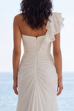 Ruched Ivory Mermaid Sweep Train Ruffled Beach Wedding Dress with Slit