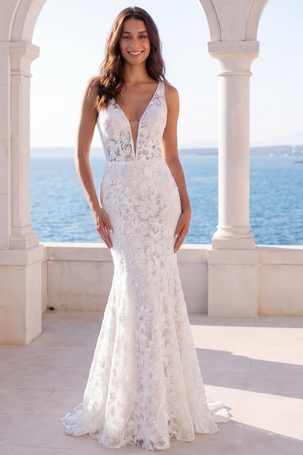Zapaka Women Floral Ivory Wedding Dress Lace Sweep Train Boho Mermaid V-Neck Wedding Reception Dress, Ivory / US2