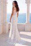 Mermaid Ivory V-Neck Floral Lace Sweep Train Boho Wedding Dress