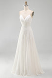 Ivory A Line Ruched V-Neck Sweep Train Beach Wedding Dress with Pearls