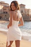 Halter Ruched Short Ivory Corset Graduation Dress with Ruffles