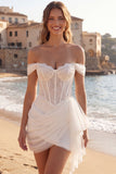 Off the Shoulder Ruched Ivory Corset Short Wedding Dress with Ruffles