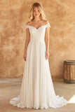Off The Shoulder Ivory Lace A Line Chiffon Wedding Dress