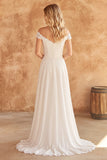 Off The Shoulder Ivory Lace A Line Chiffon Wedding Dress
