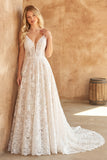 Lace Ivory Spaghetti Straps A Line Sweep Train Wedding Dress