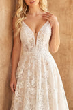 Lace Ivory Spaghetti Straps A Line Sweep Train Wedding Dress