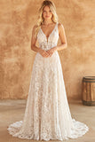 Lace Ivory V-Neck Corset A Line Wedding Dress