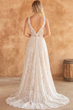 Lace Ivory V-Neck Corset A Line Wedding Dress