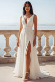Ivory V-Neck A Line Ruched Chiffon Wedding Dress with Slit