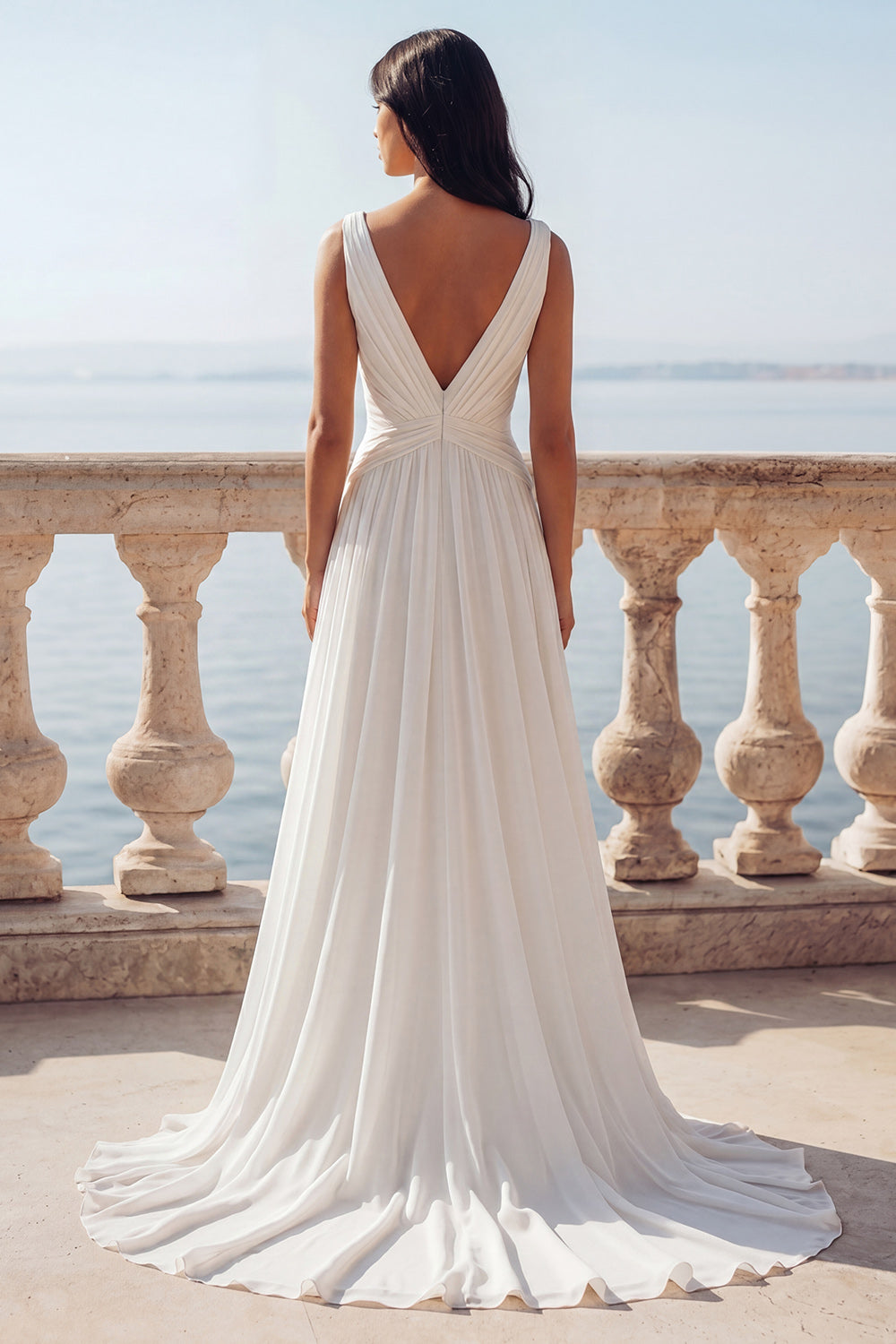 Zapaka Women Ivory Wedding Dress with Slit V-Neck A Line Ruched Chiffon Sweep Train Bridal Dress, Ivory / US14 Zapaka Women Ivory Wedding Dress with Slit V-Neck A Line Ruched Chiffon Sweep Train Bridal Dress, Ivory / US14