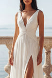 Ivory V-Neck A Line Ruched Chiffon Wedding Dress with Slit