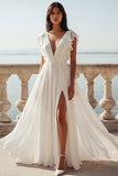 Ivory V-Neck Ruffled A Line Chiffon Wedding Dress with Slit