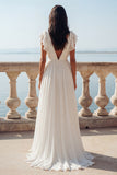 Ivory V-Neck Ruffled A Line Chiffon Wedding Dress with Slit